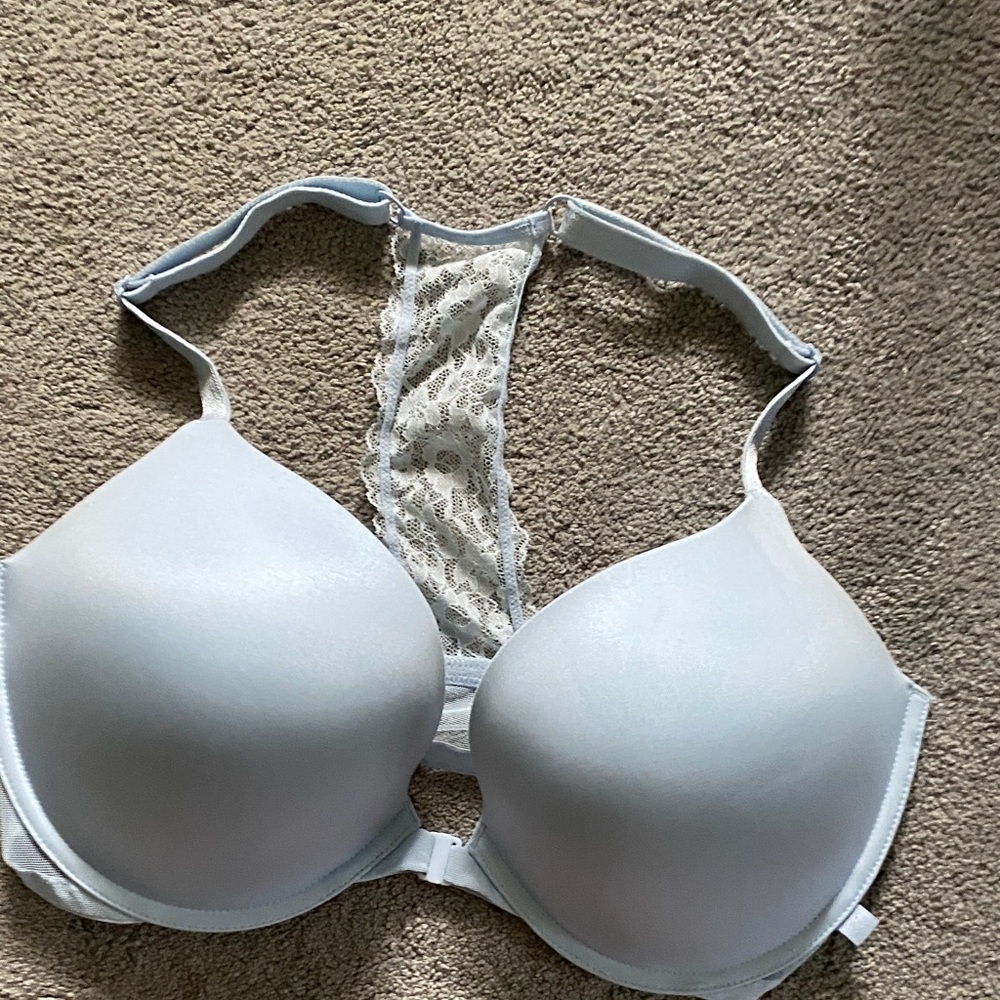Victoria Secret Light Blue Lace Racerback push-up bra front closure